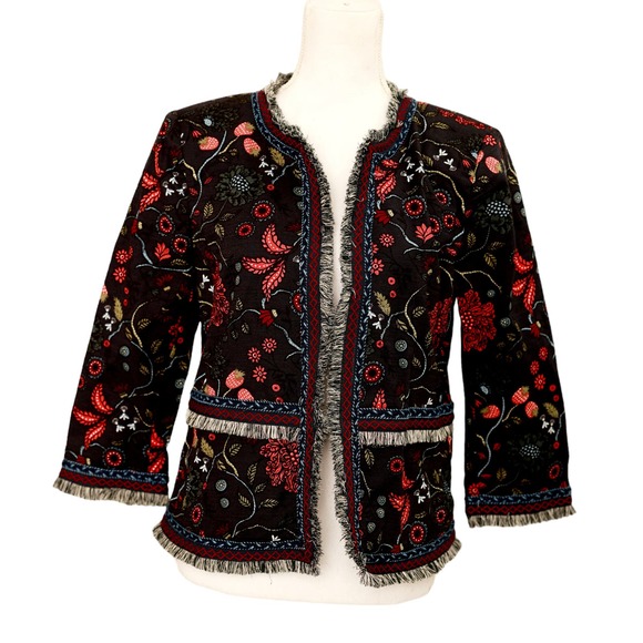 Ann Taylor Loft Blazer 6 Navy Blue Strawberry Floral Fringed Embroidery Open NWT - Picture 1 of 4